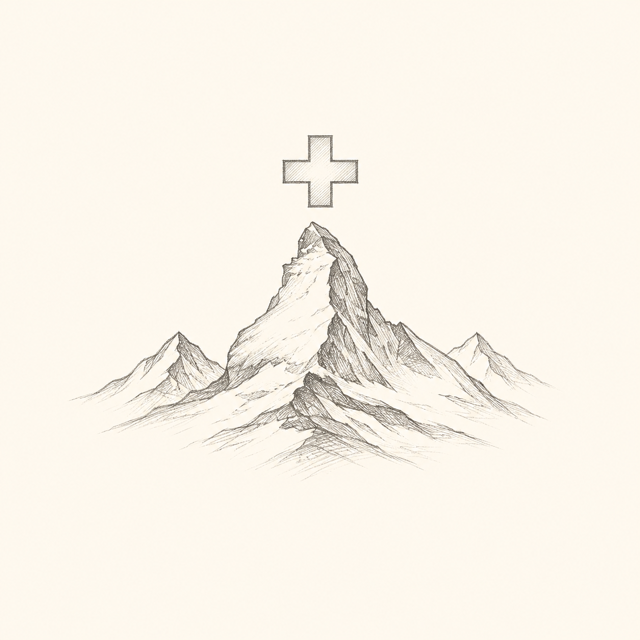 Handgezeichnete Schweizer Berge als Symbol für Herstellung in der Schweiz